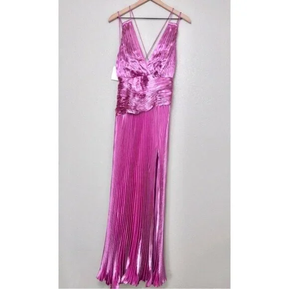 NWT AiiFOS Vera Pleated Metallic Gown 8 Pink Magenta Plisse Ruched Slit Formal - Picture 4 of 14